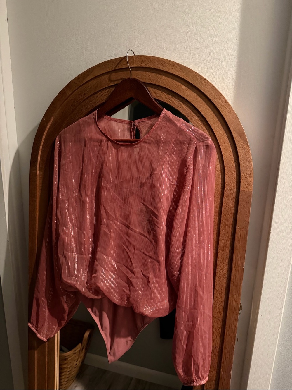 Express Rose Pink Long-Sleeve Shimmer Bodysuit